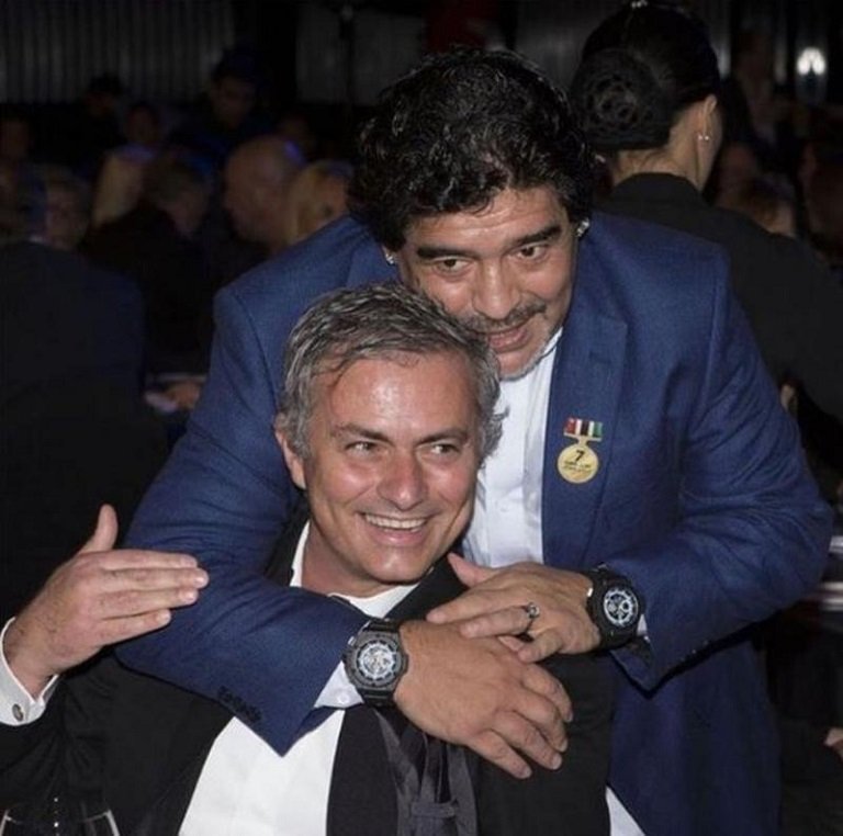 Diego Maradona share a moment with Jose Mourinho