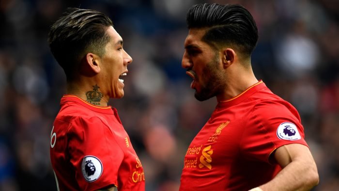 Roberto Firmino celebrates scoring his sides only goal with Emre Can