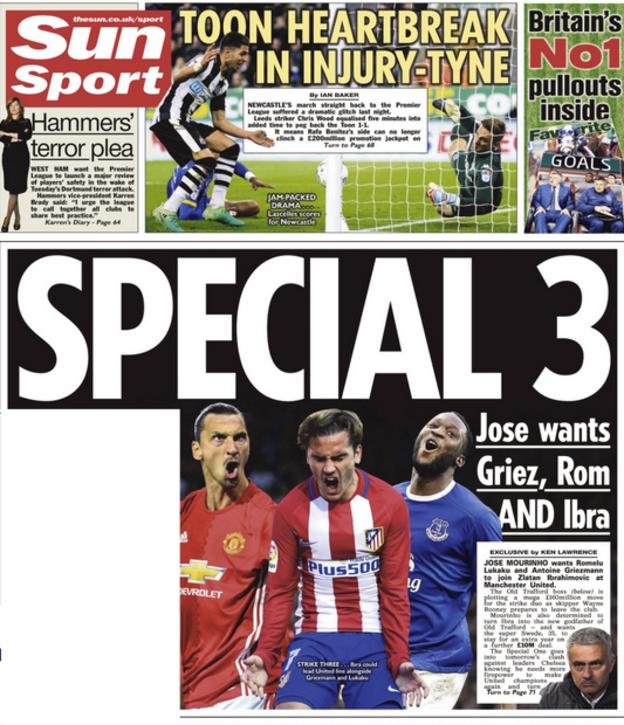 Jose Mourinho hopes to have a stellar front three at his disposal according to the Sun