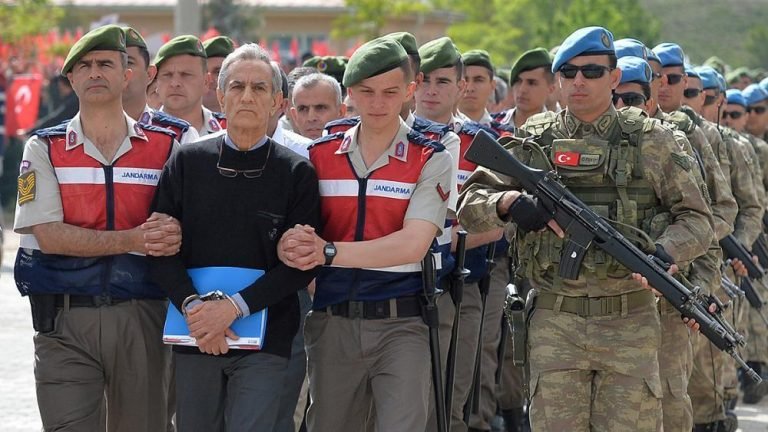 One of the alleged coup plotters being led into a court room in Ankara Turkey