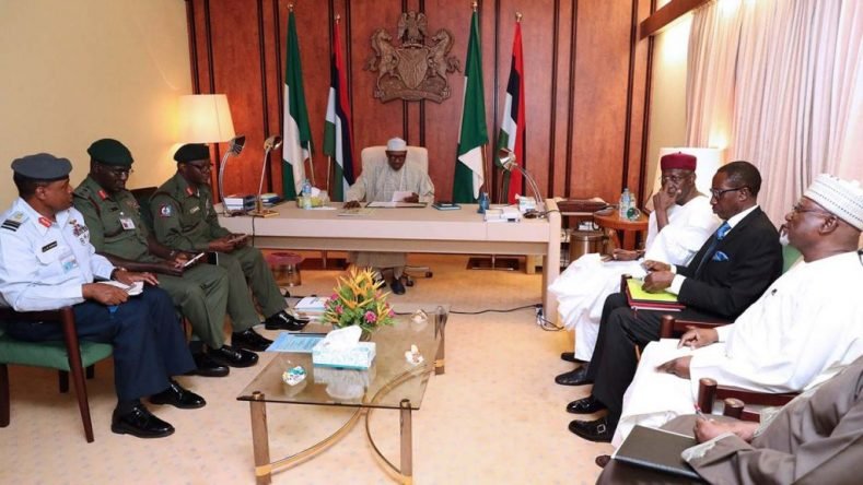 President Muhammadu Buhari presiding over a security meeting with service chiefs including the Chief of Defence Staff, General Gabriel Olonishakin; ‎Chief of Army Staff, Lt. Gen. Tukur Buratai; Chief of Air Staff, Air Marshal Sadique Abubakar; and Chief of Naval Staff, Admiral Ibok-Ete Ekwe Ibas who was represented and Inspector General of Police (IGP) Ibrahim Idris; National Security Adviser (NSA), Maj. Gen. Babagana Mongunu (rtd) and the Director-General of Department of State Services (DSS), Lawal Daura.