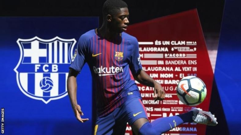 Ousmane Dembele was presented on the pitch at the Nou Camp on Monday