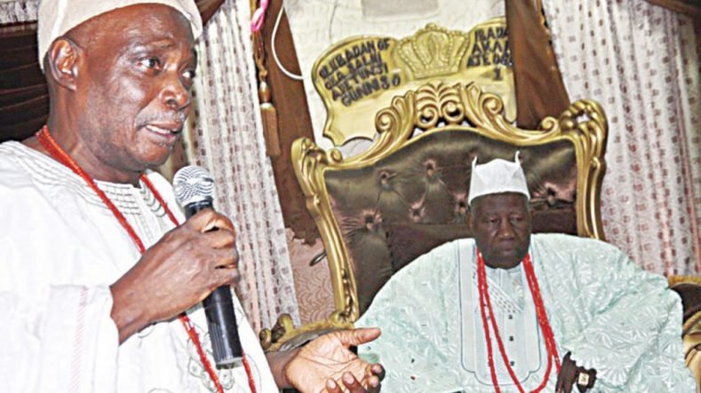 Former Governor of Oyo State, Rashidi Ladoja (left) and Olubadan of Ibadan, Oba Saliu Adetunji, during the installation of Baales at the palace in Ibadan… yesterday.