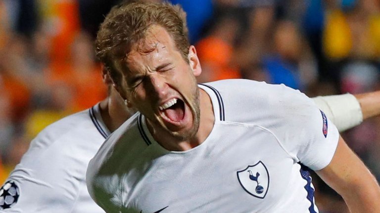 Harry Kane celebrates after scoring Tottenham's first goal
