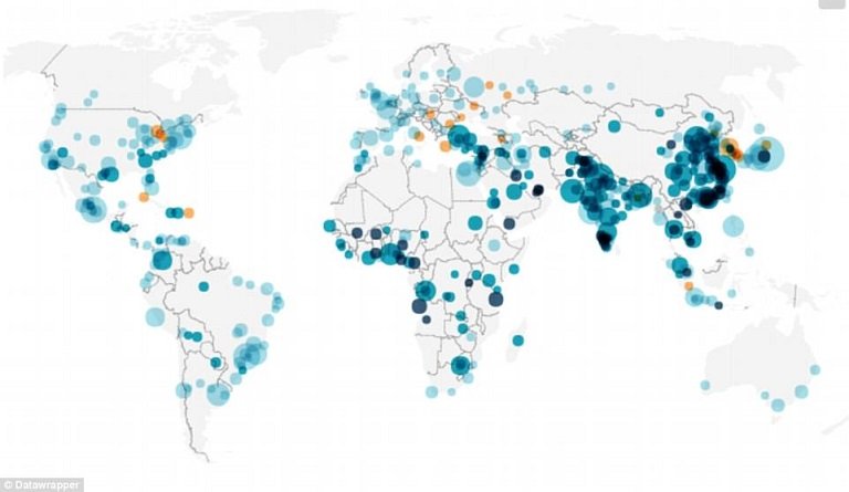 Datawrapper map shows that more people are moving to cities in China, India and Africa than in Europe and US Nigeria