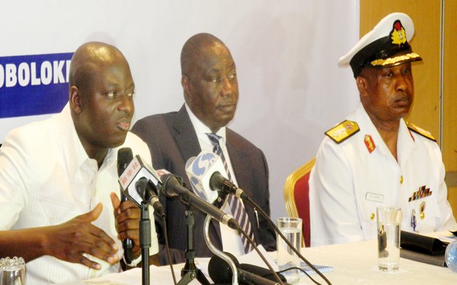 FILE: Director-General, NIMASA, Patrick Akpolobokemi; Executive Director, Maritime Safety and Shipping Development, Capt Bala Agaba and Commander Maritime Guard Command, Commodore Ebony Aneke who is one of the two naval officers to forfeit properties to FG