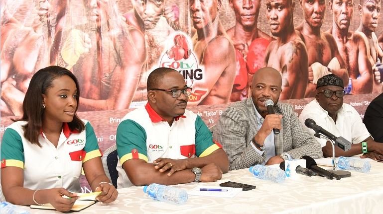 FILE PHOTO: Jennifer Ukoh, Public Relations Manager, GOtv; Chidozie Bede-Nwokoye, GOtv Marketing Manager; Jekinns Alumona, CEO Flykite Productions and Rafiu Ladipo, President, Nigeria Boxing Board of Control during the Press Briefing of GOtv Boxing Night 14 held at The Regent, 25 Joel Ogunnaike Street, GRA Ikeja