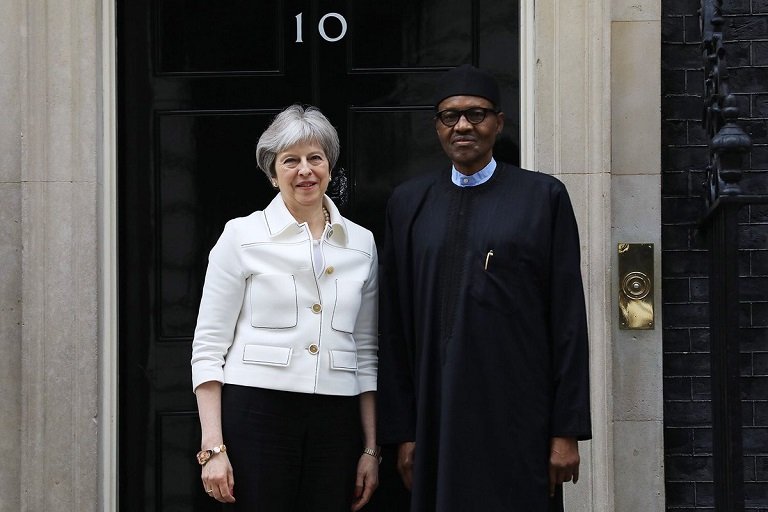 FILE PHOTO: Prime Minister Theresa May and President Muhammadu Buhari at 10 Downing Street