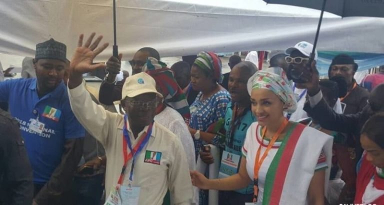 Adams Oshiomhole and his wife arrive at the national convention