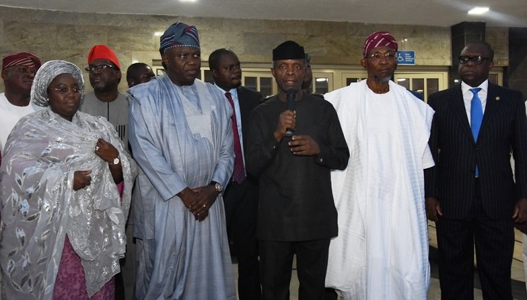 Vice President, Prof. Yemi Osinbajo (middle); Lagos State Governor, Mr. Akinwunmi Ambode (2nd left); his deputy, Dr. (Mrs) Oluranti Adebule (left); Osun State Governor, Ogbeni Rauf Aregbesola (2nd right) and Attorney General/Commissioner for Justice, Mr. Adeniji Kazeem (right) during a commiseration visit by the Vice President over the Otedola Bridge Tanker Explosion, at the Lagos House, Alausa, Ikeja, on Friday, June 29, 2018