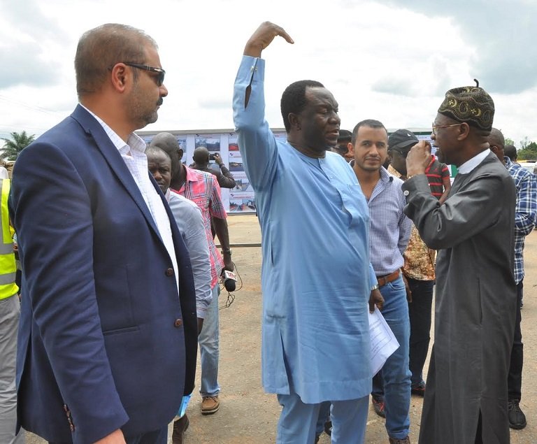 Minister of Information and Culture, Alhaji Lai Mohammed (right); Mr. Adetunji Adeoye, Director Federal Highways, Federal Ministry of Power, Work and Housing (middle) and Mr. Wael Farouk Salem, Operational Manager, Arab Contractors Nigeria lTD., when the Minister inspected the full stretch of the Enugu-Port Harcourt Expressway under construction on Thursday