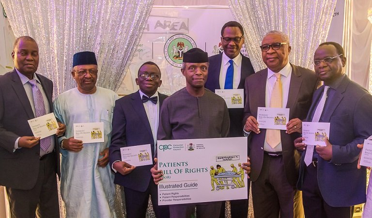 Vice President Yemi Osinbajo, SAN with Perm Sec of Ministry of Industry Trade and Investment, E. S. Akpan; Min of State for health: Dr. Esagie Ehanire; Hon. Min of health: Prof. Isaac Adewole; DG of Consumer Protection Council (CPC): Babatunde Irukera; Chairman Governing Board, Consumer Protection Council (CPC): Barr. Emeka Nwankpa; Country Representative for World Health Organization (WHO), Rex Mpazanje during the unveiling of Patient's Bill of Right Illustration Guide