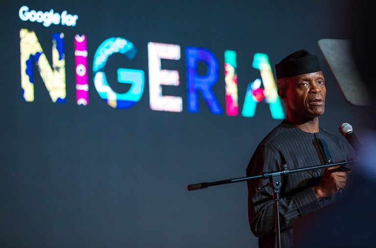 Vice President Yemi Osinbajo speaking at Google for Nigeria event where the tech firm announced takeoff of Google Stations in Nigeria