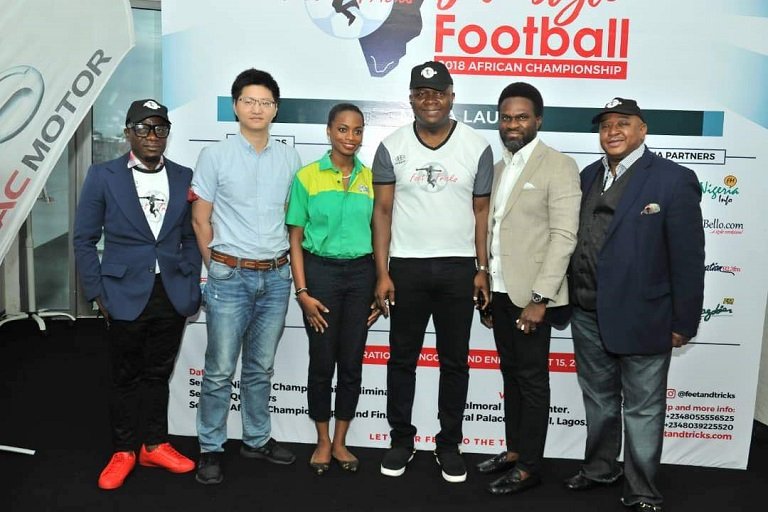 L-R: Godwin Nwanagu, Director, Feet ‘n’ Tricks International; Mr Scofield Wu, Manager, GAC Motors Africa; Jumoke Oyewole-Lawuyi, Brand Manager, Sprite; Valentine Ozigbo; Chairman, Feet ‘n’ Tricks International; Mary-Callista Ozigbo; Iheanyi Nzekwe; Distributors of Scavi & Ray, Mr Fela Ibidapo, Divisional Head, Communications, Heritage Bank; and Olisa Adibua, Director, Feet ‘n’ Tricks International, during the Press Conference to announce the commencement the call for entries for Freestyle Football 2018 African Championship to be organised by Feet 'n' Tricks International in partnership with the World Freestyle Football Association (WFFA) ,in Lagos on Friday