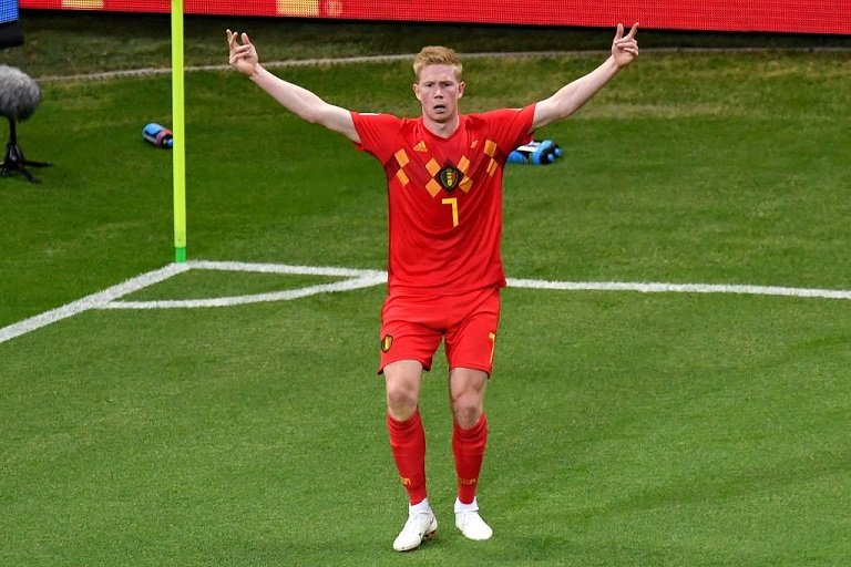 Kevin De Bruyne scored Belgiums second goal as they took a 2 0 lead at half time