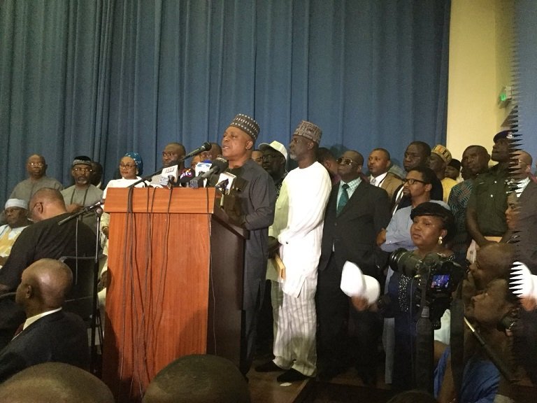 PDP national chairman Uche Secondus giving a speech after a MOU was signed by 39 political parties to oust President Muhammadu Buhari's APC