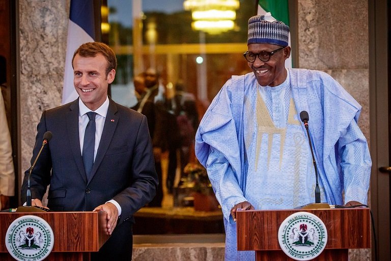 President Emmanuel Macron and President Muhammadu Buhari at the Presidential Villa