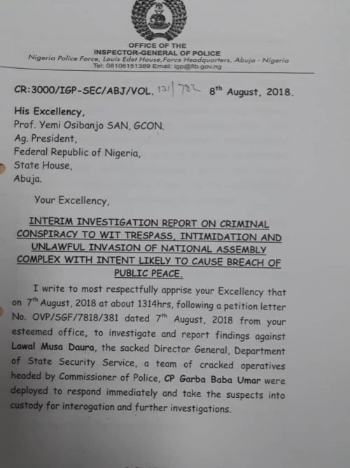 IGP Idris' letter to acting President Yemi Osinbajo following the invasion of NASS