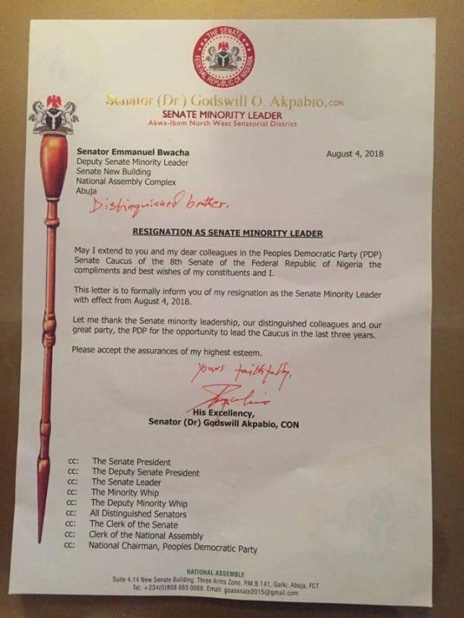 Senator Godswill Akpabio resigns as Minority Leader