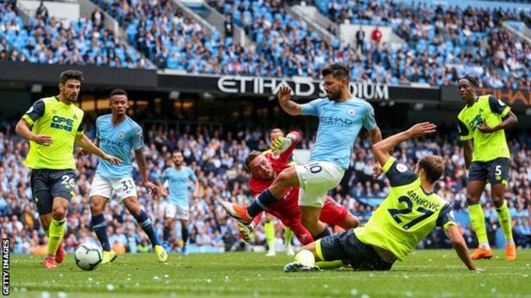 Sergio Aguero scored his 13th Manchester City hat-trick in 6-1 win over Huddersfield