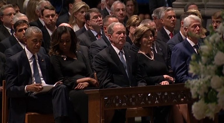 Former Presidents Barack Obama and George W Bush at the funeral of Senator John McCain