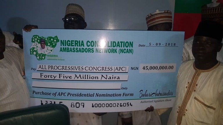 FILE: Nigeria Consolidation Ambassadors Network bought the APC presidential nomination form for President Muhammadu Buhari