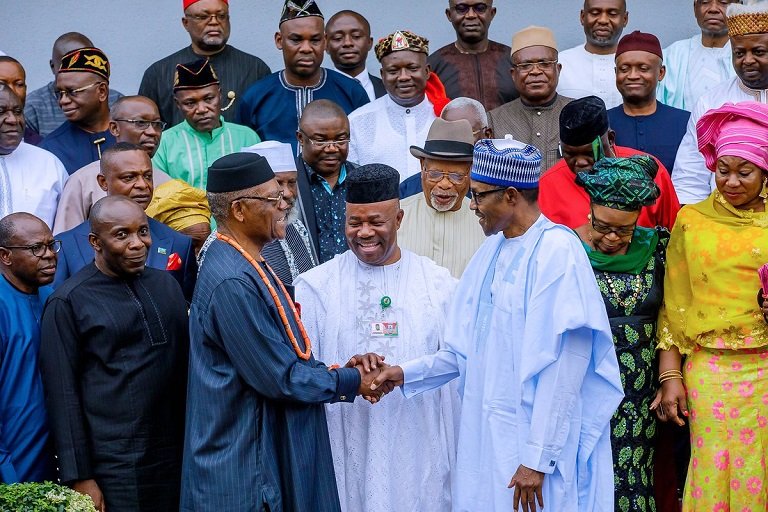 President Buhari received Akwa Ibom elders and political leaders including Senator Godswill Akpabio, Atuekong Don Etiebet, Senator John Akpan Udoedehe, Umana Okon Umana, Senator Aloysius Etok and Mr. Nsima Ekere