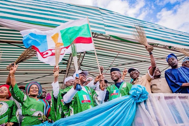 FILE: Vice President Yemi Osinbajo and Asiwaju Bola Tinubu campaigning for APC candidate Gboyega Oyetola