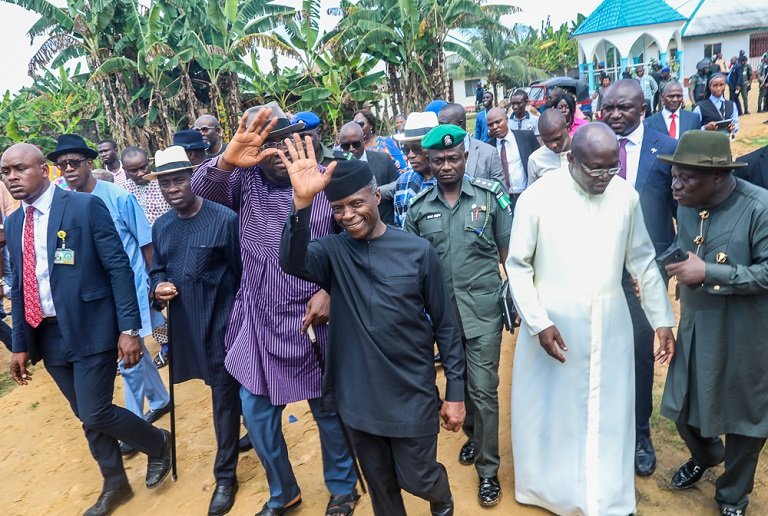 Vice President Yemi Osinbajo commended Reverend Joseph Okplema and St John's Catholic Church for their selfless service to flood victims
