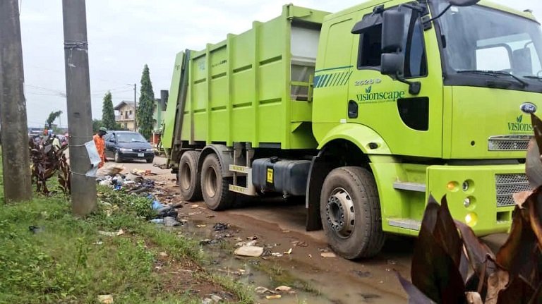 A Visionscape truck collecting waste on Abaranje road, Ikotun in Lagos