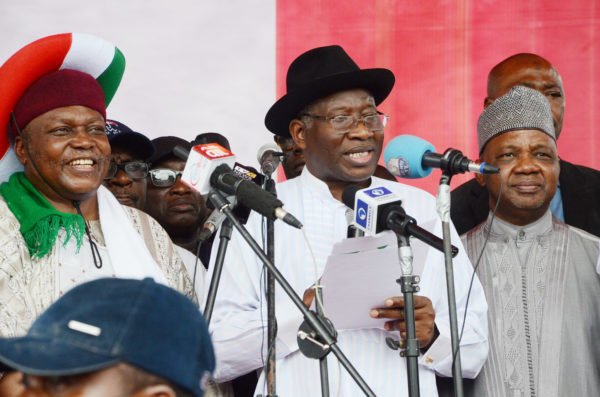 FILE PHOTO: Governor Darius Ishaku of Taraba, former President, Goodluck Jonathan and former Vice President Namadi Sambo during Peoples Democratic Party 2017 special non-elective national convention in Abuja on 12 August