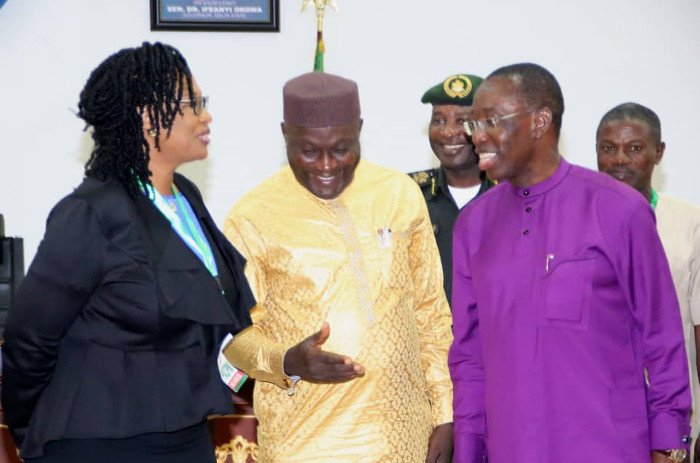Delta State Governor, Senator Ifeanyi Okowa, the Vice Chairman, Presidential Advisory Committee on Prerogative of Mercy Mr Williams Alo, and Mrs Ayoola-Danniels, representing the Arttoney General of the Federation, Abubaka Malami , during the Committee’s courtesy call on the Governor in Asaba
