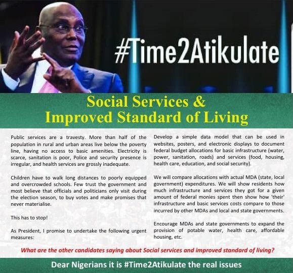 Atiku Abubakar has vowed to improve social service and standard of living in Nigeria