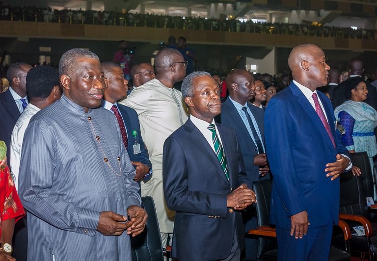Former President Goodluck Jonathan; Vice President Yemi Osinbajo and Speaker, House of Representatives, Yakubu Dogara at Dunamis