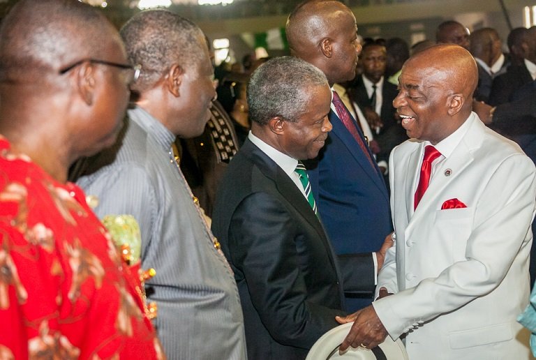 Bishop David Oyedepo exchange pleasantries as former President Goodluck Jonathan looks on at Dunamis