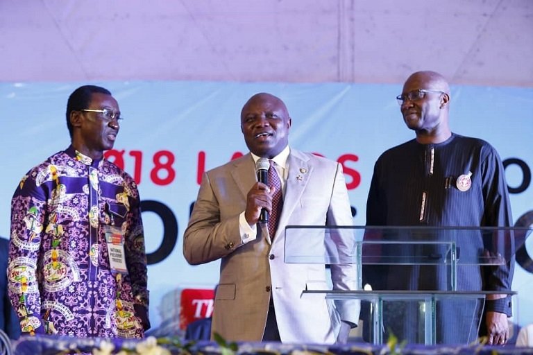 Governor Akinwunmi Ambode of Lagos flanked by Ifeanyi Odedo and Boss Mustapha at the Lagos Convention of the Full Gospel Business Men Fellowship