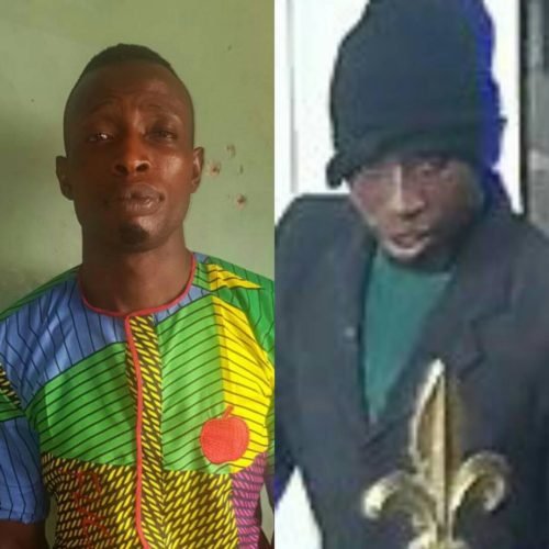 Michael Adikwu: Prime suspect of the offa bank robbery gang (actual photo left, CCTV footage during the robbery right)