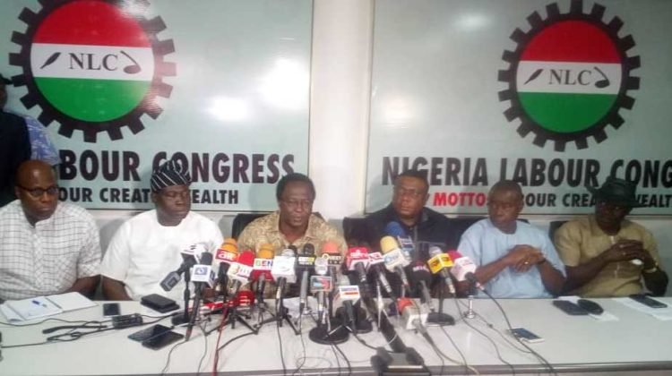 NLC President Ayuba Wabba (middle) leading labour unions deliberation with the Federal Government of Nigeria