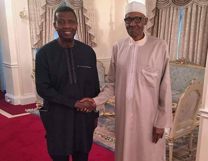 FILE: Pastor E. A. Adeboye and President Muhammadu Buhari during a visit by the former to Aso Villa