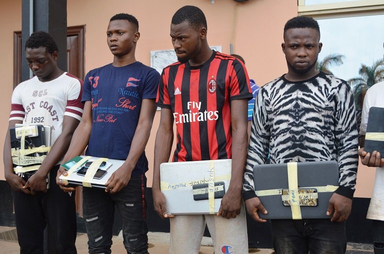 The undergraduates paraded along with their laptops which were used for cyber crime