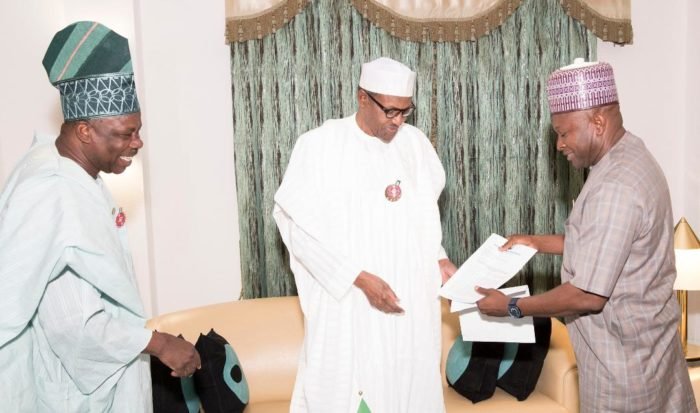 FILE PHOTO: Governor Amosun, President Muhammadu Buhari and APM chairman Yusuf Dantalle
