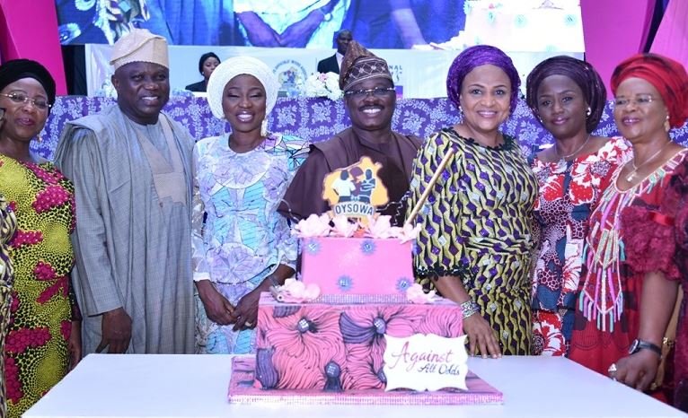 Lagos State Governor, Mr. Akinwunmi Ambode (2nd left), with his wife, Bolanle (left); Oyo State Governor, Sen. Abiola Ajimobi (right) and his wife, Florence (2nd right) during the closing of 2018 National Women Conference organised by the Oyo State Officials Wives Association (OYSOWA), at the International Conference Centre, University of Ibadan, Oyo State, on Friday, November 30, 2018