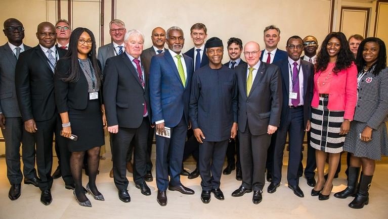 Vice President Osinbajo; Nigeria Amb. to Germany, Mr Yusuf Tuggar (L); Ms Yewande Seidu, Executive Sec. Nigeria Promotional Council (NIPC), (extreme right); Federal officials and other Nigeria/German Business delegates
