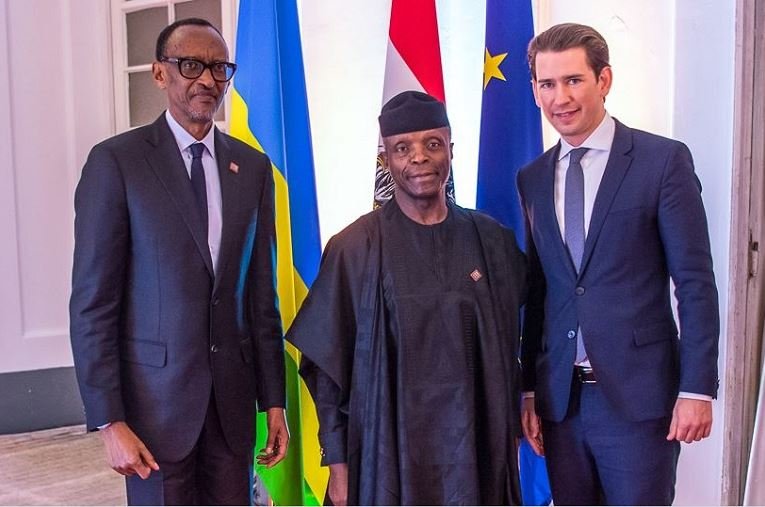 L-R: President Paul Kagame of Rwanda; Vice President Yemi Osinbajo and Chancellor Sebastian Kurz of Austria at the Africa-Europe High-Level Forum