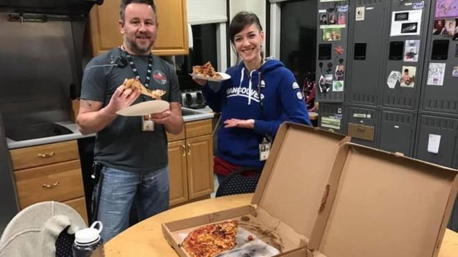 Air traffic control staff in Portland, Maine, with pizza sent in from Moncton, New Brunswick