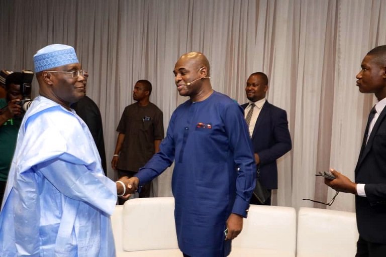 Atiku Abubakar and Kingsley Moghalu at the backstage minutes before the presidential debate started