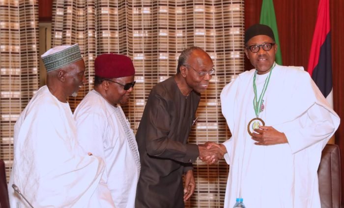 President Muhammadu Buhari, Chairman, Board of Trustee Nigerian Media Merit Award, Engr Vincent MadukaRustee and Ag Chairman BOT, Dr Haroun Adamu and Trustee, Past Chairman Award Panel and APC Chieftain, Prince Tony Momoh during an audience with A delegation of Trustees of the Nigeria Media Merit Award (NMMA) for the investiture of President B8hari as the Grand Patron of NMMA held in State House Abuja