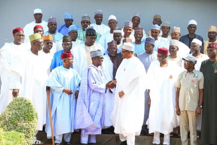 President Muhammadu Buhari received former Borno governor Mohammed Goni and other PDP bigwigs from North East into the APC