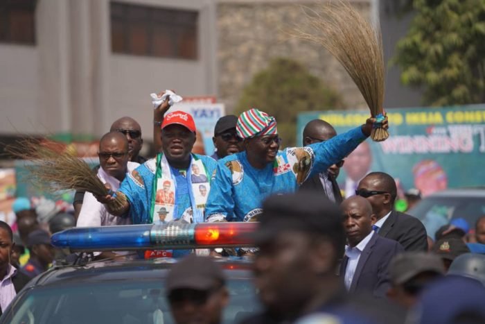 Governor Akinwunmi Ambode and Babajide Sanwo-Olu arriving the Lagos APC rally