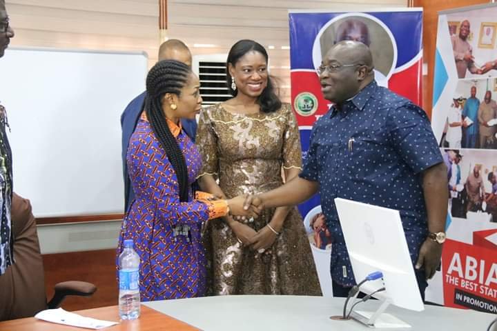 L to R: Irunna Ejibe MD, Dr Wura Abiola Chairman, both of Nibra Designs Ltd, during a courtesy visit to the Abia State Governor Okezie Ikpeazu in Aba.